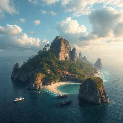 The primary subject of the image is a beautiful island with a sandy beach and a rocky mountain in the background. The island is surrounded by a vast body of water, and there are several boats floating nearby. The setting appears to be a serene and picturesque landscape, with the island being the main focus of the image. The visual style of the image is a combination of photo and digital art, creating a stunning and realistic representation of the island and its surroundings. The colors and mood of the image are predomin